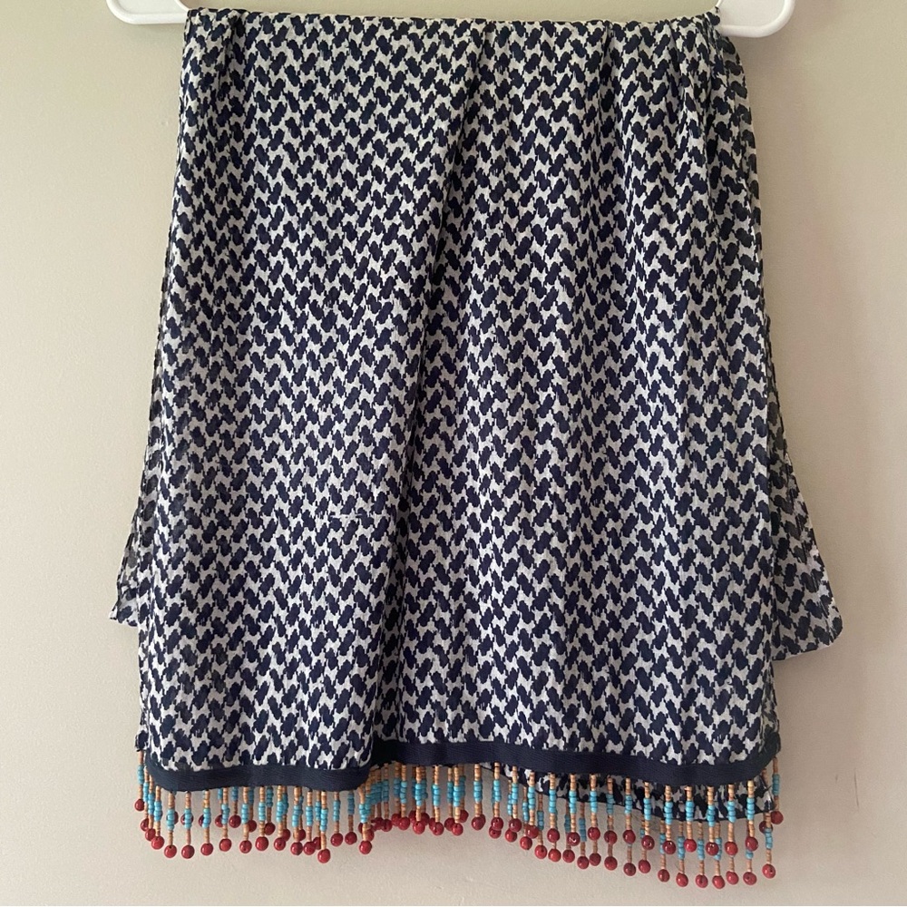 Australia Country Road Blue and White Patterned Scarf with Beaded Hem